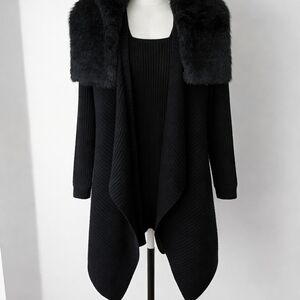 Jennifer Lopez Black Cardigan with Removable Faux Fur Trim